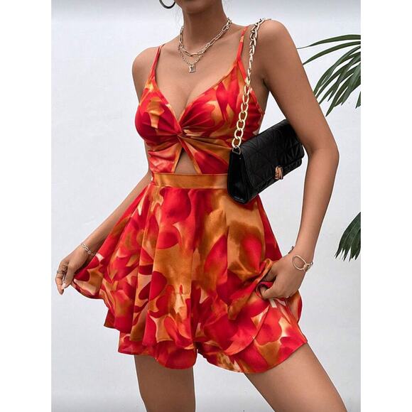 Shein Red Orange Floral Short Mini Dress Romper Medium Cut Out - Picture 5 of 11